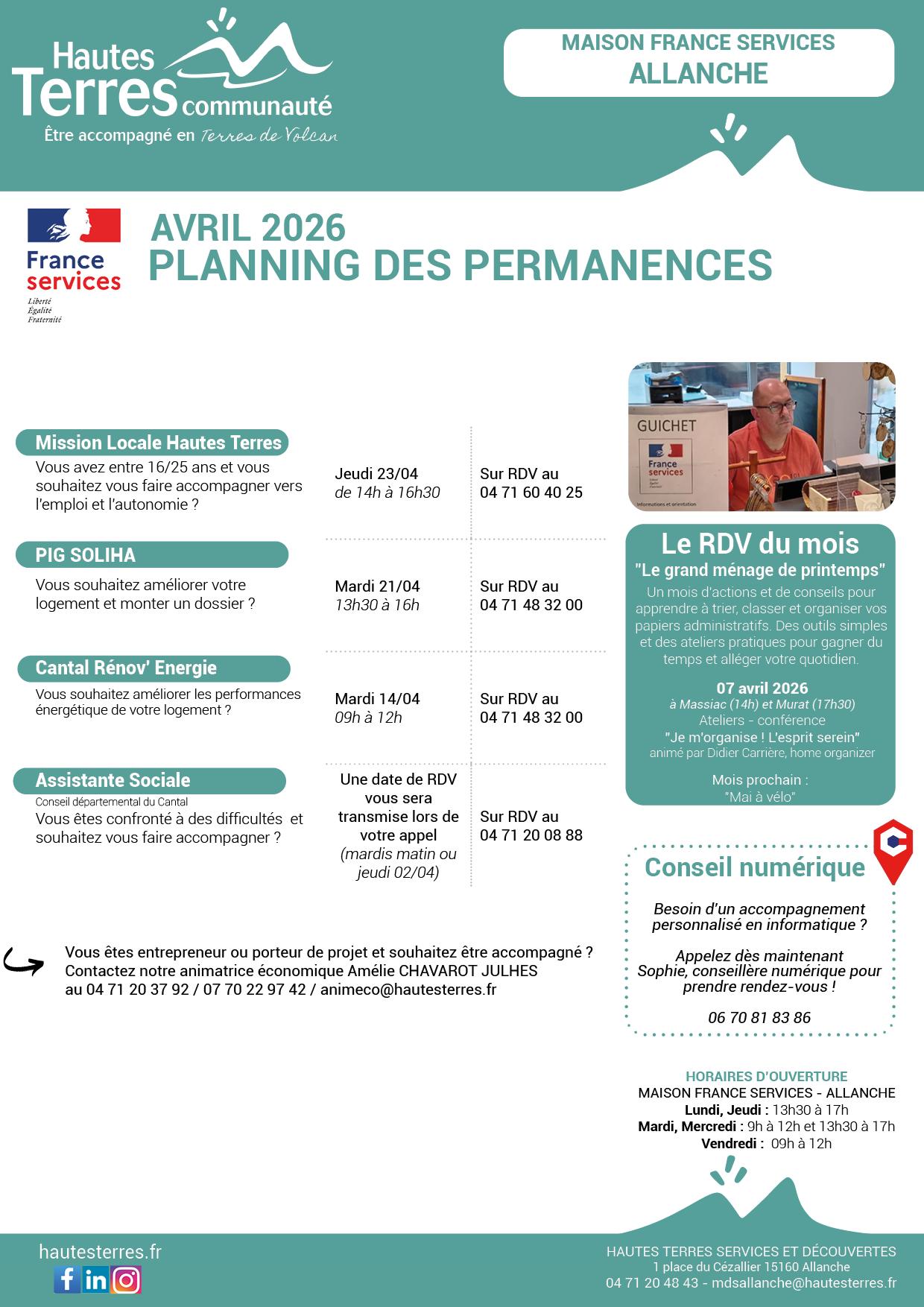 Planning des permanences avril 2026 Maison France Services