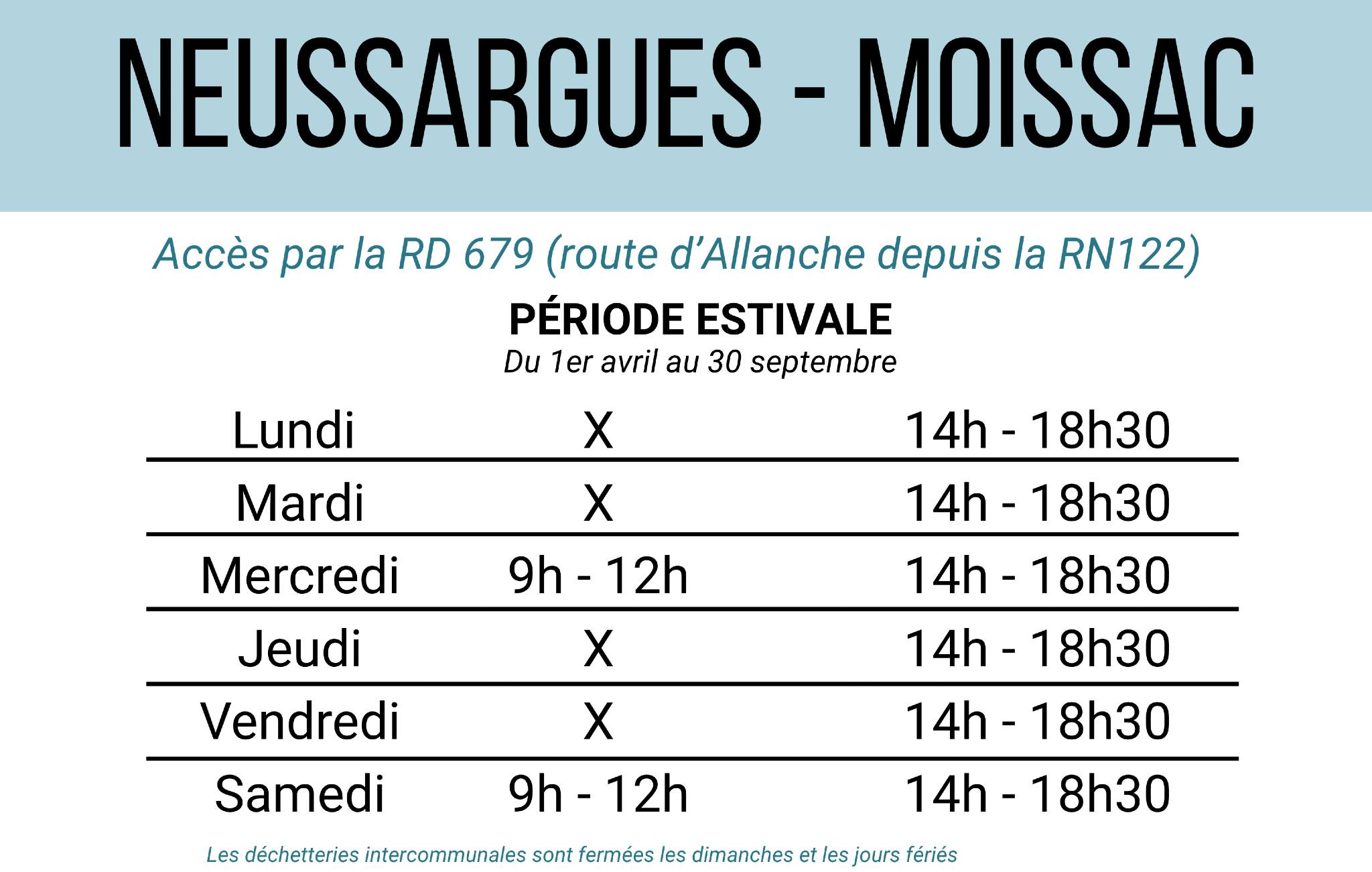 Déchetterie de Neussargues horaires d'été 2026